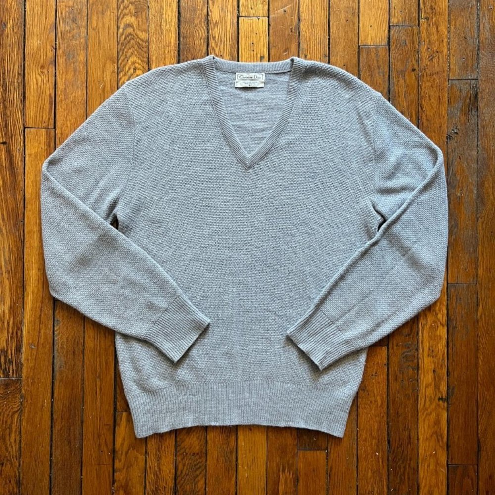 Vintage 90s Christian Dior Made in USA Men Light Grey Luxury Knit V Neck Sweater
